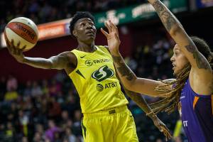 Seattle Storm’s Natasha Howard attempts a layup during the season opener game against the Phoenix Mercury on Saturday, May 25, 2019 in Everett, Wash. (Olivia Vanni / The Herald)