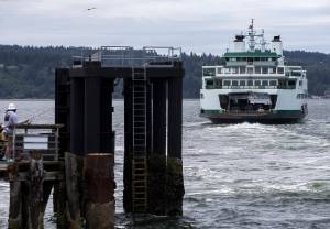 A ferry pulls away from the dock in Mukilteo last Friday. (Olivia Vanni / The Herald)