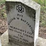 A grave marker at the GAR Cemetery in Snohomish for William W. Batterton, who fought for the Confederacy during the Civil War. It includes CSA, which stands for the Confederate States of America, and the Southern Cross of Honor symbol. It is one of several Confederate grave markers at the cemetery. (GAR Cemetery)
