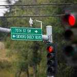 Wireless transmitters that send traffic data to the citys traffic management center can be seen on the corner of Hardeson Road and 75th Street SW on Thursday in Everett. (Olivia Vanni / The Herald)