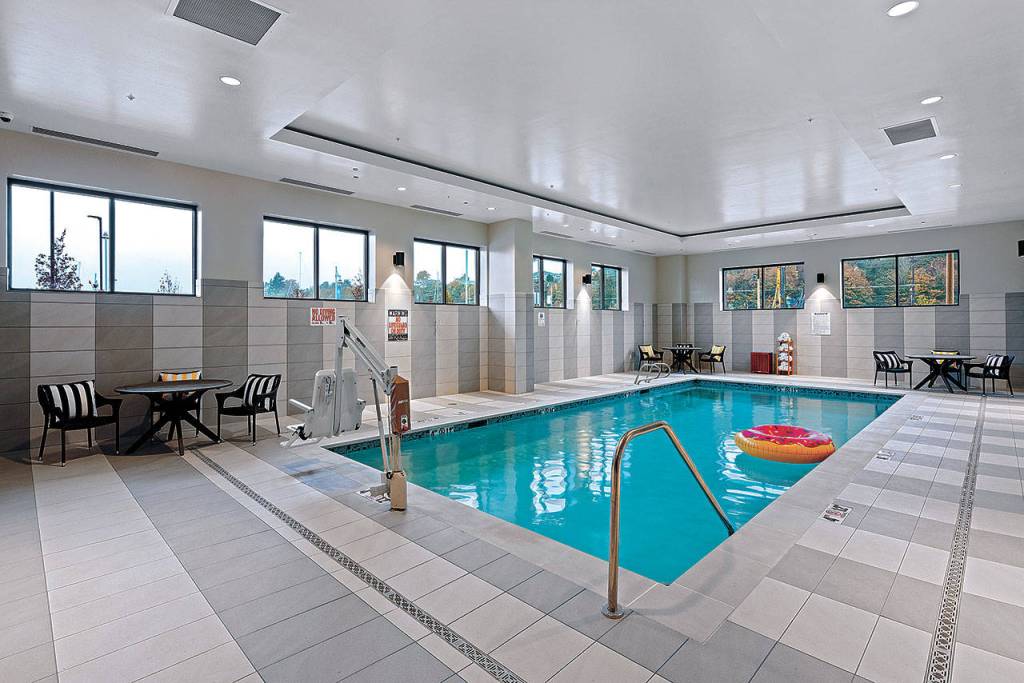 The indoor saline swimming pool at Hotel Indigo, a brand-new inn on the Everett waterfront. (Hotel Indigo)