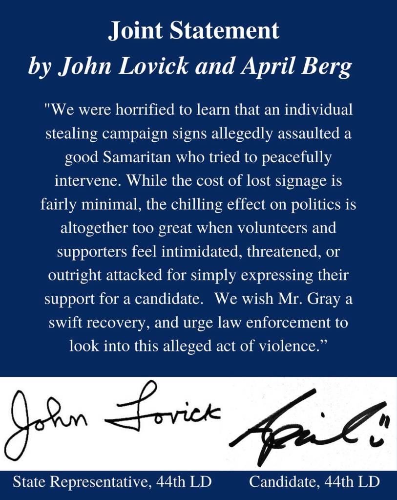 Statement from April Berg and John Lovick from Bergs Facebook page.