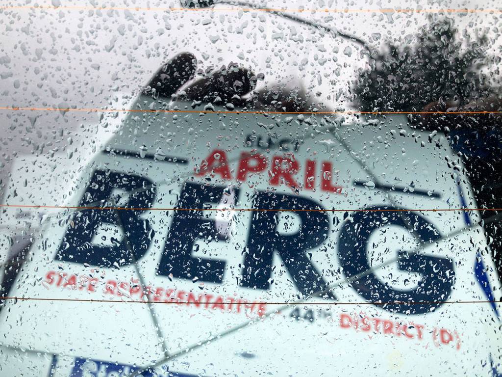 A campaign sign for April Berg sits in the back of Gary Smiths car. (Courtesy of Earl Gray)