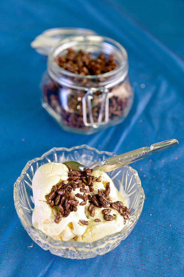 Mocha sunflower seeds add a crunchy coffee finish to ice creams. The seeds are dipped in egg white and then coated with a mix of ground coffee granules, cocoa powder and sugar. (Lucy Schaly / Pittsburgh Post-Gazette)