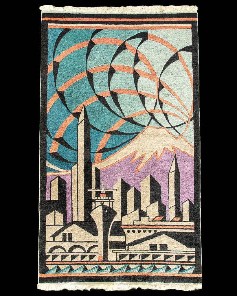 Orre Nobles (1894-1967) designed this rug of the Seattle waterfront around 1930.