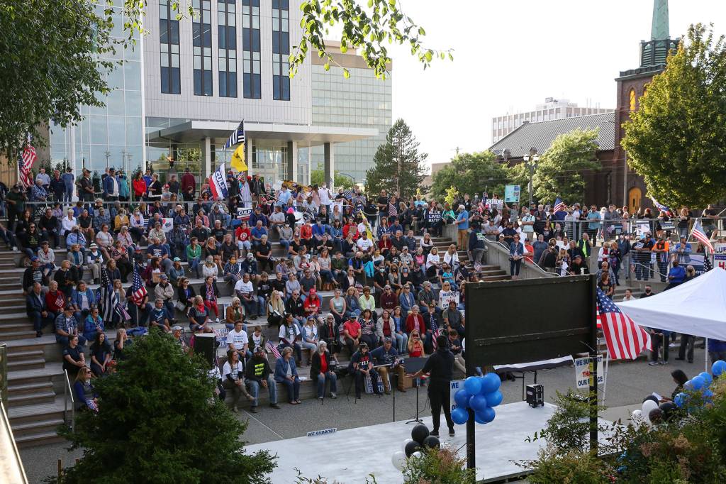 The Snohomish County Plaza hosted a rally to support law enforcement and first responders sponsored by The Outreach Committee of the Snohomish County Republican Party Friday in Everett on July 17, 2020. (Kevin Clark / The Herald)