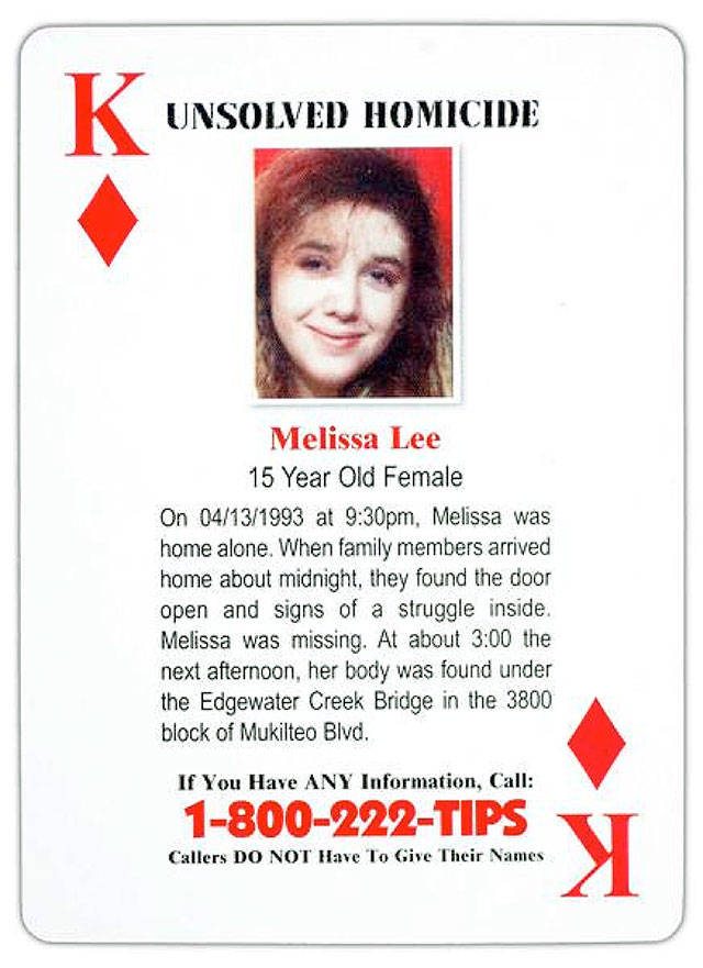 Melissa Lee as she was depicted in a deck of cold-case playing cards, which featured 52 unsolved homicides and missing persons cases dating back to the 1970s and was distributed by the Snohomish County Sheriffs Office in 2008. Lee was killed in 1993. (Snohomish County Sheriffs Office)