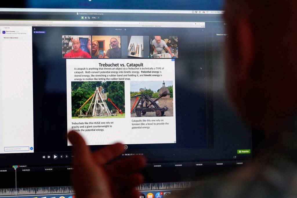 A screenshot of Steve Cherewatys trebuchet class via Abacus. Abacus was to have been an in-person enterprise, but then Covid-19 hit, so he pivoted to a virtual classroom.