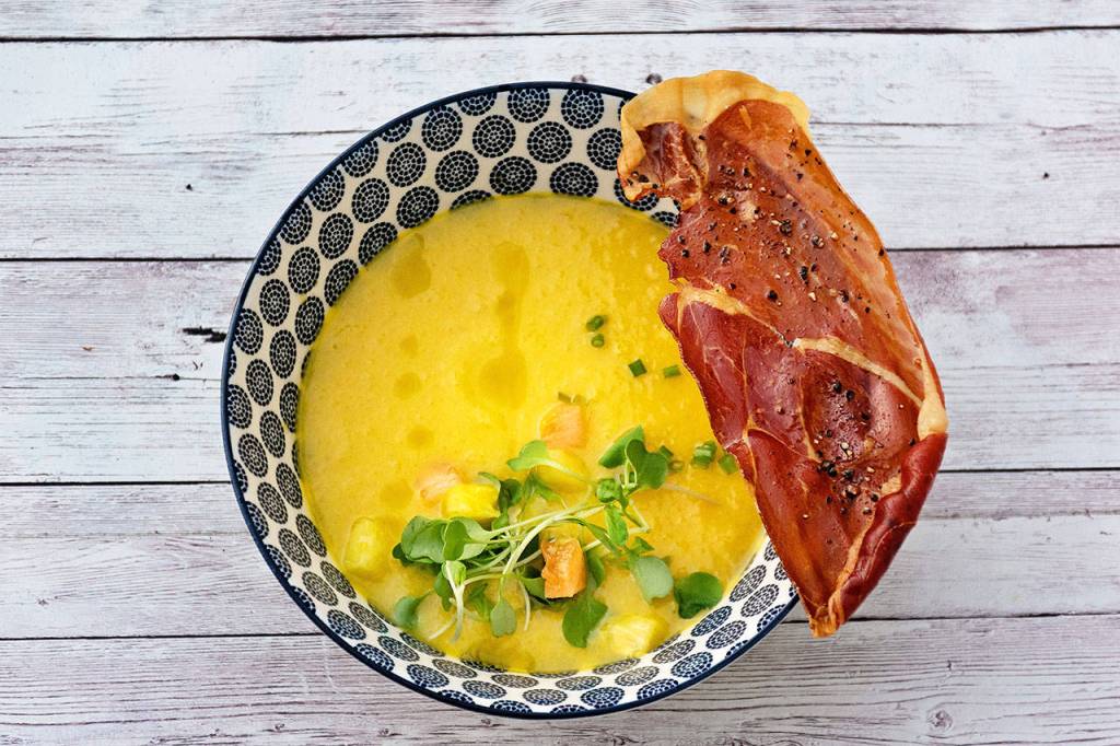 Pineapple gazpacho is inspired by the chilled, flavorful soups from the Andalusia region of southern Spain. (Lauren J. Mapp / The San Diego Union-Tribune)