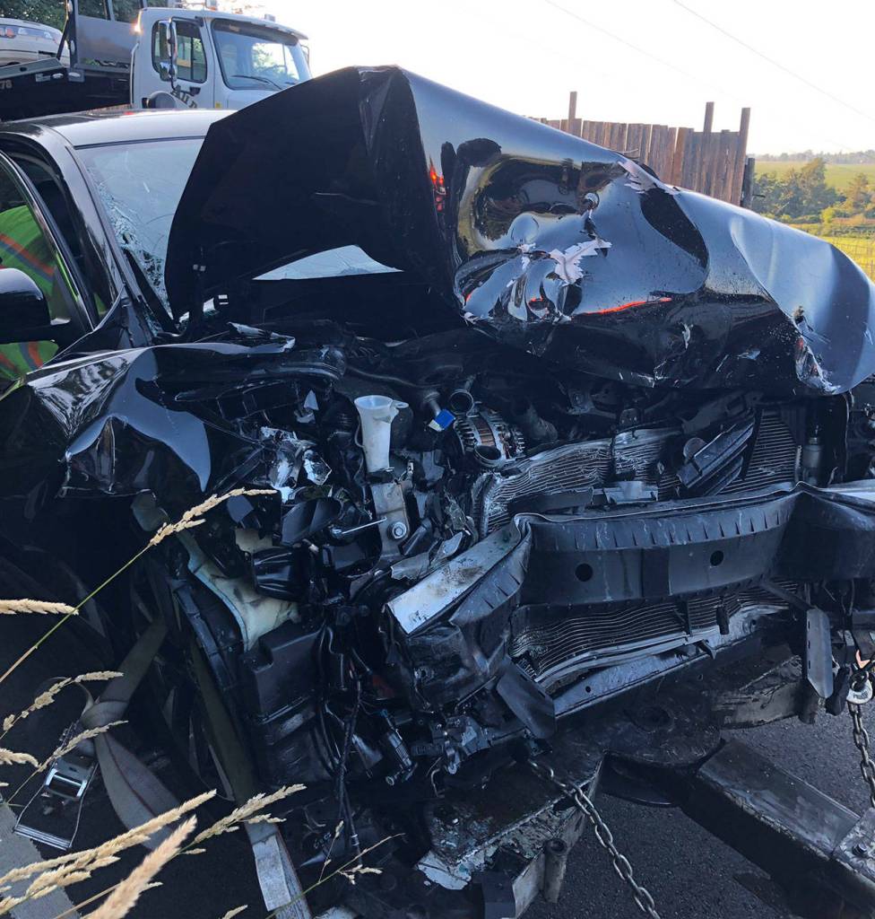The passenger of a Nissan 240 was transported to Providence with serious leg injuries and head trauma. Both occupants of a Nissan Altima were transported to Providence with minor injuries. Drugs are suspected in being a contributing factor of the cause of the collision. (Washington State Patrol)