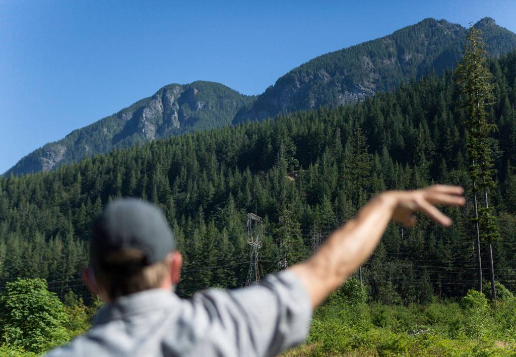 Sam Chelsey points out areas where timber is to be cut near Gold Bar. (Olivia Vanni / The Herald)