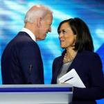 Democratic presidential candidate and former Vice President Joe Biden (left) and then-candidate Sen. Kamala Harris, D-Calif., shake hands after a Democratic presidential primary debate last September. (AP Photo/David J. Phillip, File)