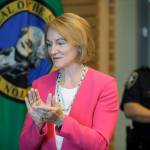 Seattle Mayor Jenny Durkan applauds after speaking during a news conference Aug. 11 in Seattle. (AP Photo/Ted S. Warren)