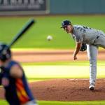Mariners starting pitcher Nick Margevicius throws to the Astros Josh Reddick during the first inning of a game Aug. 15, 2020, in Houston. (AP Photo/David J. Phillip)