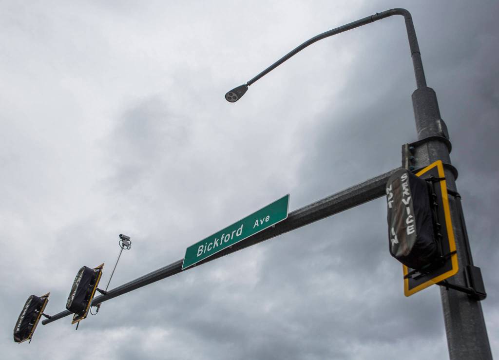 New Bickford Avenue traffic signals in Snohomish will help manage flow near the Bickford Ford dealership. (Olivia Vanni / The Herald)