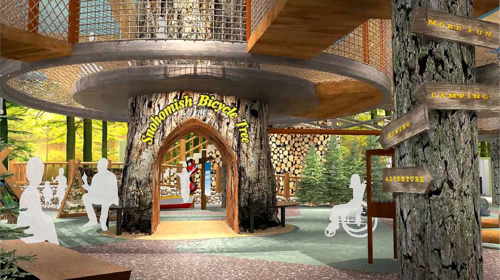 An artists rendering shows features planned for the first floor of an expansion of the Imagine Childrens Museum. The area will include a representation of the old bicycle tree in Snohomish and an outdoorsy Camp Imagine. (Imagine Childrens Museum)