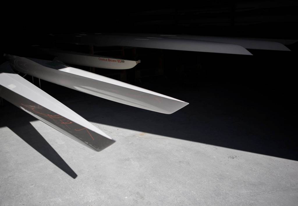 Finished boats at Pocock Racing Shells in Everett. (Olivia Vanni / The Herald)