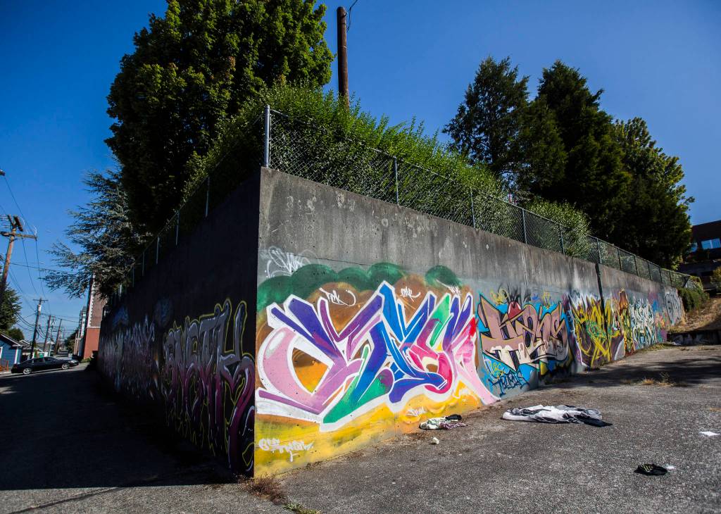 Graffiti art visible Wednesday along Rucker Avenue and Everett Avenue in Everett. (Olivia Vanni / The Herald)