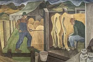 A detail of the restored William Cumming mural, which was painted on linen sailcloth in 1941.
