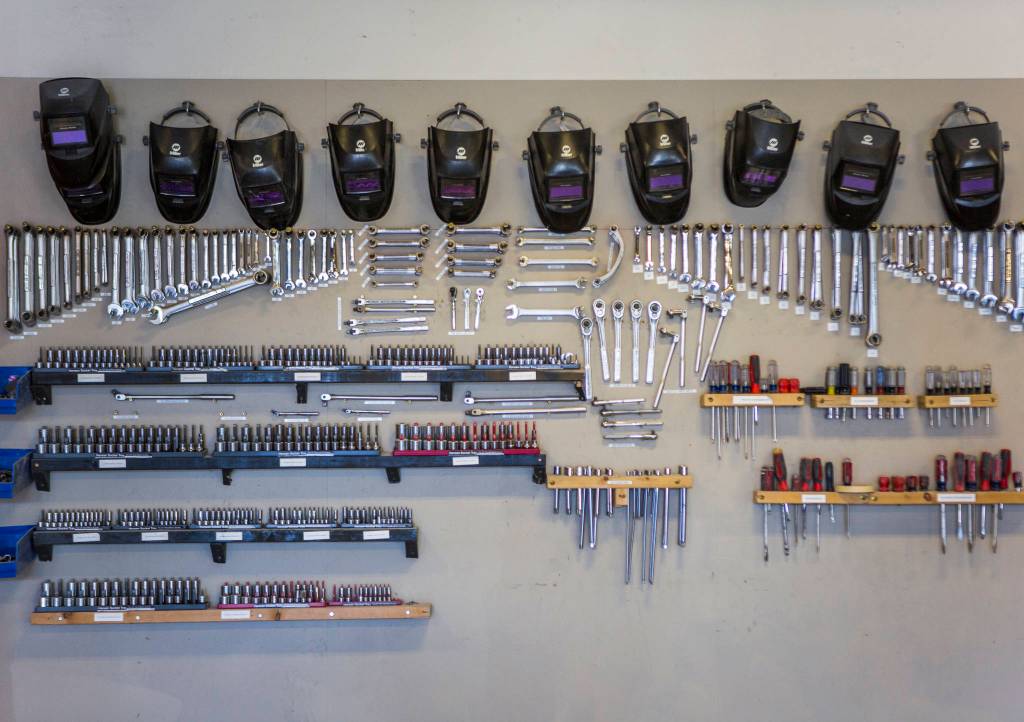 Tools hang on the wall in the auto body repair classroom at Sno-Isle Tech Skills Center. (Olivia Vanni / The Herald)