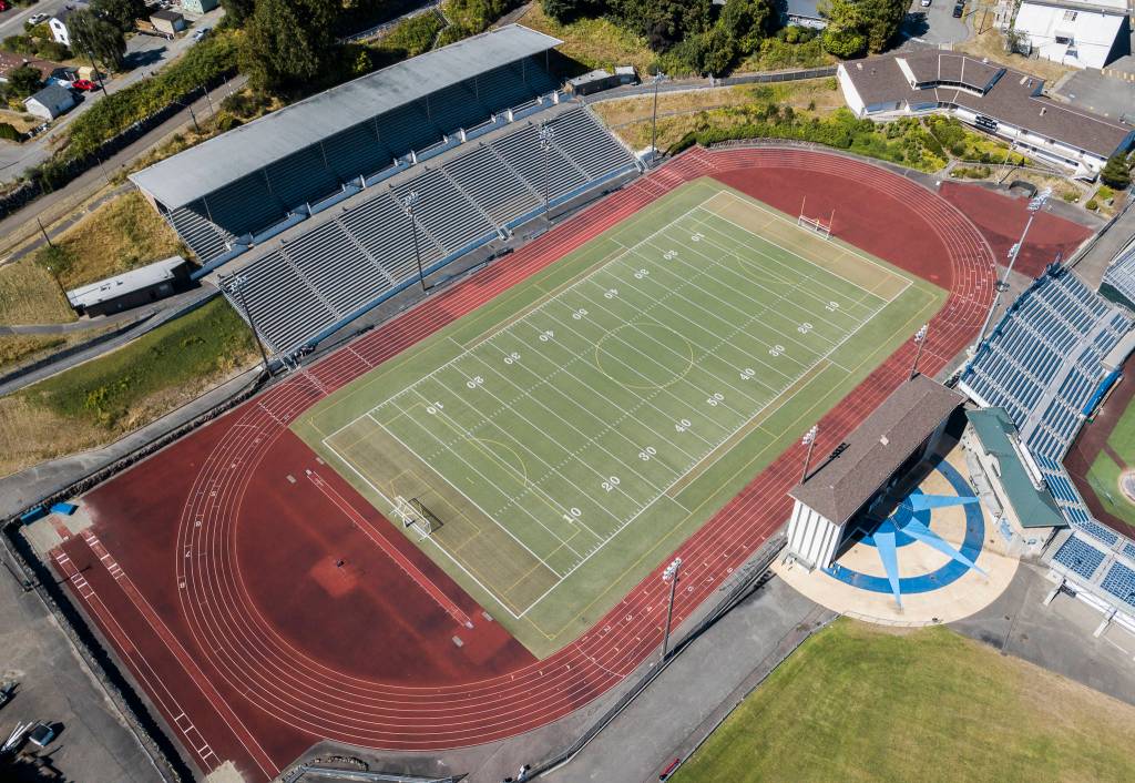 Instead of hosting a season-opening prep football game, Everett Memorial Stadium will be empty Friday night due to the COVID-19 pandemic. (Olivia Vanni / The Herald)