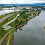 Langus Riverfront Park in Everett stretches along the Snohomish River just west of I-5 (left). This view is looking south. (Chuck Taylor / The Herald)