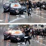 Video footage shows a male suspect throwing what appears to be a glass bottle with an ignited fabric or paper wick (i.e., a Molotov cocktail device) through the open drivers side door of a police vehicle. (U.S. Department of Justice)