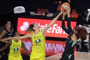 Breanna Stewart and the Seattle Storm begin their WNBA playoff run Sunday in the semifinals against a yet-to-be-determined opponent. (AP Photo/Phelan M. Ebenhack)