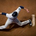 Mariners pitcher Nick Margevicius warms up before a game against the Astros on Wednesday, Sept. 23, 2020, in Seattle. (Olivia Vanni / The Herald)