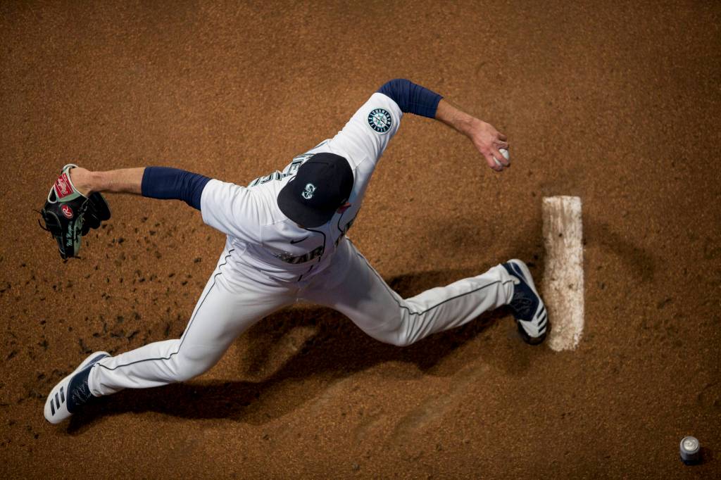 Mariners pitcher Nick Margevicius warms up before a game against the Astros on Wednesday, Sept. 23, 2020, in Seattle. (Olivia Vanni / The Herald)