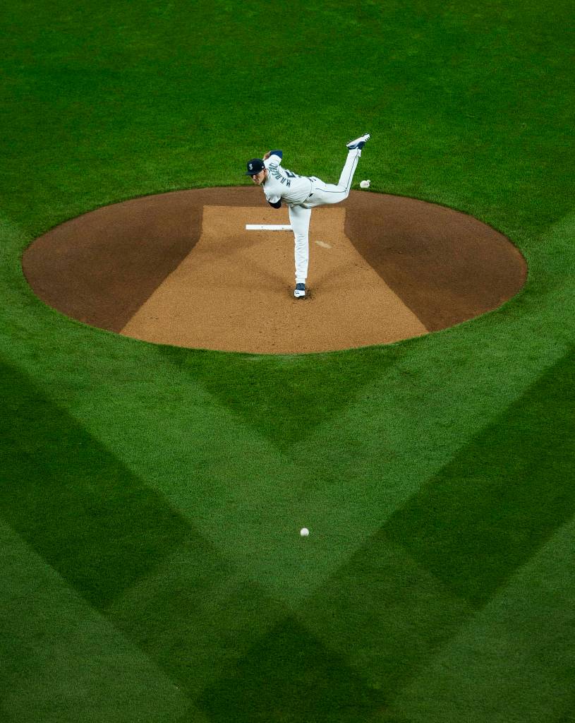Mariners pitcher Nick Margevicius throws a pitch during a game against the Astros on Wednesday, Sept. 23, 2020, in Seattle. (Olivia Vanni / The Herald)