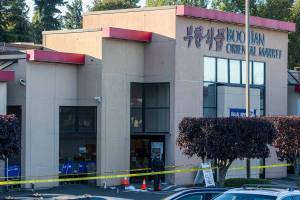 Three people were shot at the Boo Han Oriental Market Tuesday, Sept. 29, 2020, off of Highway 99 in Edmonds. (Olivia Vanni / The Herald)