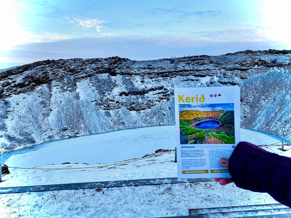 Kerid Crater Lake is a 3,000-year-old volcanic crater lake on the Golden Circle route in South Iceland. The winter look is a contrast to the summer look in a brochure. (Andrea Brown / The Herald)