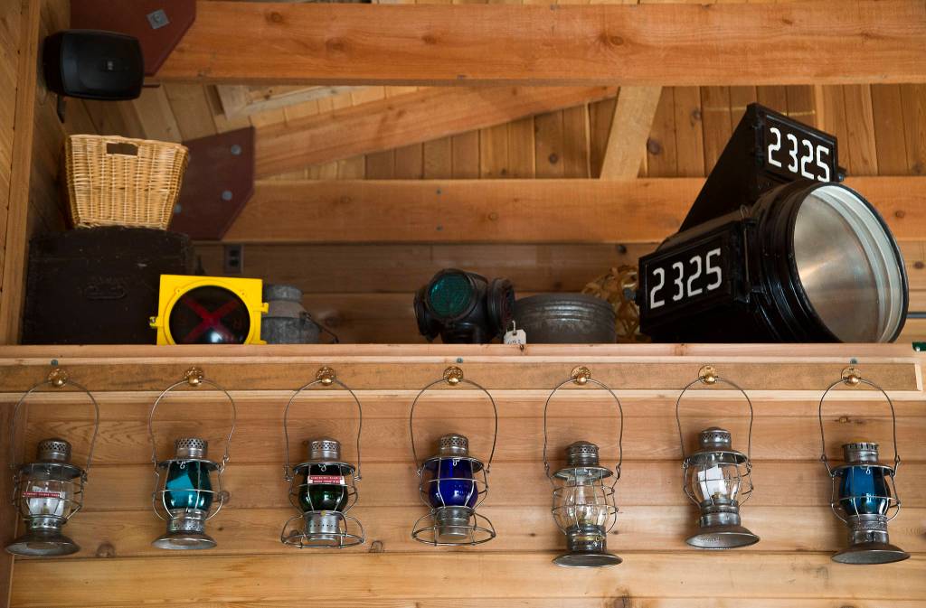 Lanterns are among many railroad items in the home of Bruce and Marie Ferguson in Snohomish. (Andy Bronson / The Herald)