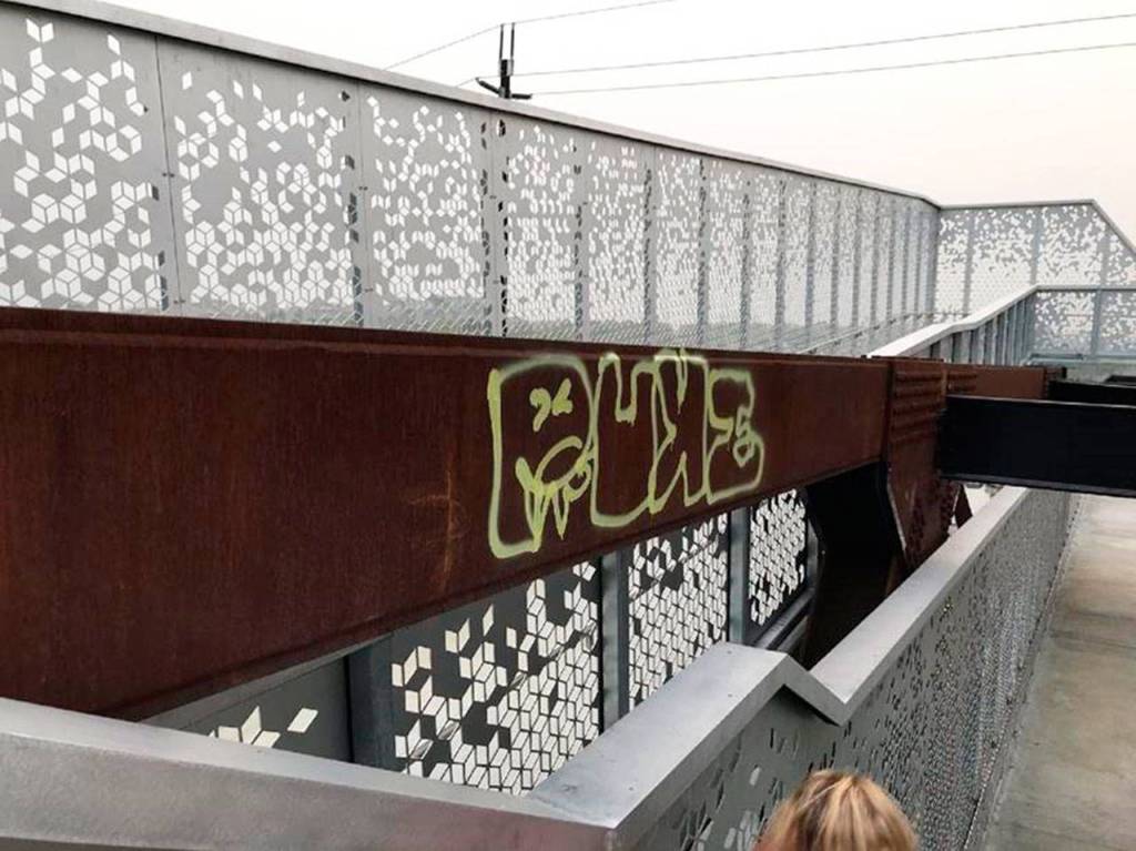 Someone tagged Everetts Grand Avenue Park Bridge with graffiti in mid-September, when the elevator door also was damaged. It kept the elevator out of service for a couple of days. (City of Everett)