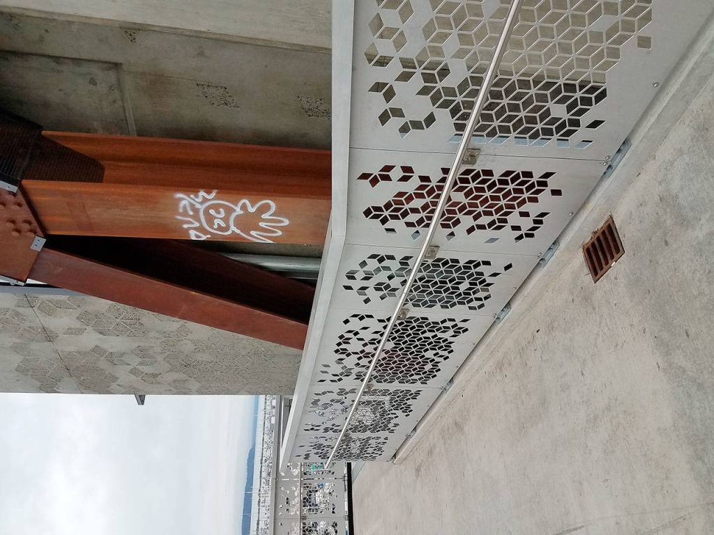 Someone tagged Everetts Grand Avenue Park Bridge with graffiti in mid-September, when the elevator door also was damaged. It kept the elevator out of service for a couple of days. (City of Everett)