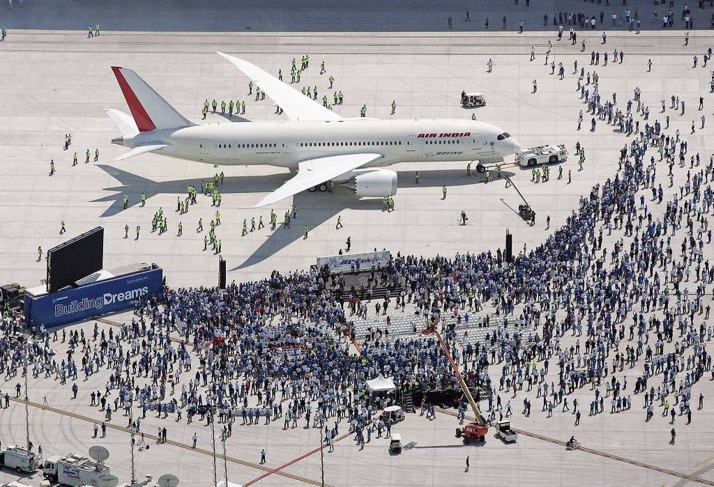 Boeing rolls out the first 787 assembled in South Carolina on April 27, 2012 in Charleston, South Carolina. (Leroy Burnell / The Post and Courier, file)