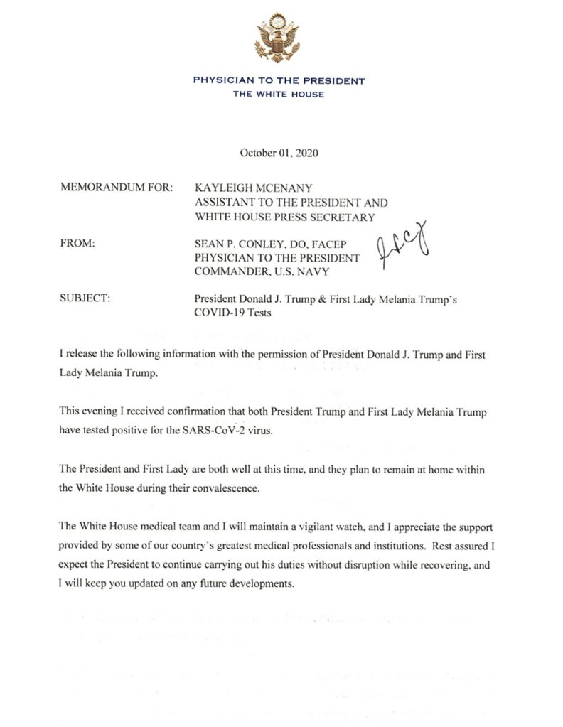 President Trump's physician issued this memorandum Friday.