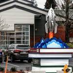 The Evergreen Branch of the Everett Public Library is open and ready for blast off. Dillon Works, of Mukilteo, designed this eye-catching sculpture that greets people along Evergreen Way.   (Dan Bates / The Herald)