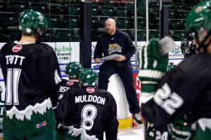 Turner Stevenson addresses the team during practiice Wednesday afternoon at Xfinity Arena in Everett on January 11, 2017. (Kevin Clark / The Herald)