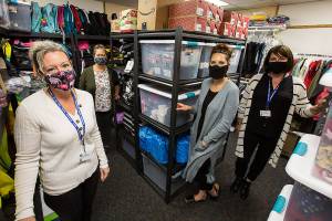 Marysville School Districts' McKinney-Vento & Foster Care Liaison Deanna Bashour (left to right) Andrea Wyatt, Larisa Koenig and Rosemary Peterson on Thursday, Oct. 15, 2020 in Marysville, Wa. (Olivia Vanni / The Herald)