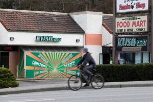 Kush Mart on Evergreen Way on Tuesday, Feb. 25, 2020 in Everett, Wash.A public hearing and vote to increase the city-imposed cap to eight stores (five are allowed and open now) is scheduled for the City Council on March 18. The state allows up to 10 in Everett. (Andy Bronson / The Herald)