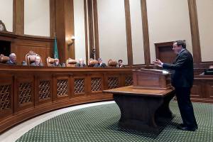 Paul J. Lawrence, attorney for the Legislature, addresses justices during a hearing before the Washington Supreme Court Tuesday, June 11, 2019, in Olympia, Wash. The court heard oral arguments in the case that will determine whether state lawmakers are subject to the same disclosure rules that apply to other elected officials under the voter-approved Public Records Act. The hearing before the high court was an appeal of a case that was sparked by a September 2017 lawsuit filed by a media coalition, led by The Associated Press. (AP Photo/Elaine Thompson)