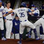 The Dodgers Cody Bellinger (35) celebrates his two-run home run against the Rays during the fourth inning of Game 1 of the World Series on Oct. 20, 2020, in Arlington, Texas. (AP Photo/Tony Gutierrez)
