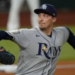 Rays starting pitcher Blake Snell, a Shorewood High School alum, throws against the Dodgers during the first inning of Game 2 of the World Series on Oct. 21, 2020, in Arlington, Texas. (AP Photo/Eric Gay)