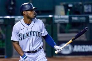 Seattle Mariners' Kyle Lewis steps in to bat against the Arizona Diamondbacks during the second inning of a baseball game Saturday, Sept. 12, 2020, in Phoenix. (AP Photo/Ross D. Franklin)