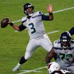 Seattle Seahawks quarterback Russell Wilson (3) throws against the Arizona Cardinals during the first half of an NFL football game, Sunday, Oct. 25, 2020, in Glendale, Ariz. (AP Photo/Ross D. Franklin)