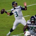 Seattle Seahawks quarterback Russell Wilson (3) throws against the Arizona Cardinals during the first half of an NFL football game, Sunday, Oct. 25, 2020, in Glendale, Ariz. (AP Photo/Ross D. Franklin)