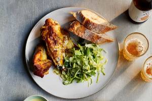 Beer-brined BBQ chicken with mustard and miso mayonnaise sauce. (Sam Folan)