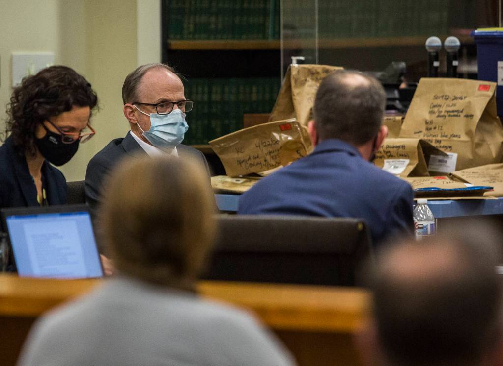 Terrance Miller listens to testimony during his trial Wednesday in Everett. (Olivia Vanni / The Herald)